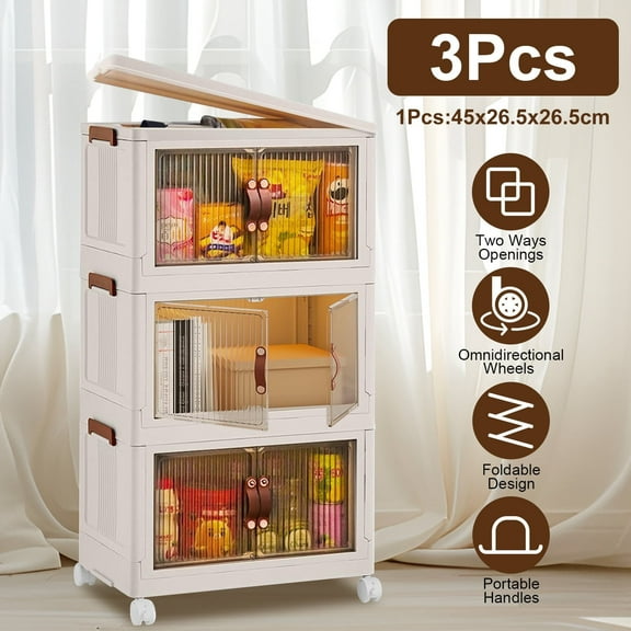 3Pcs Foldable Storage Bins with Lid and Magnetic Door Two Ways of Opening Stackable Storage Containers with Wheels Closet Organizers and Storage for Living Room Bedroom S