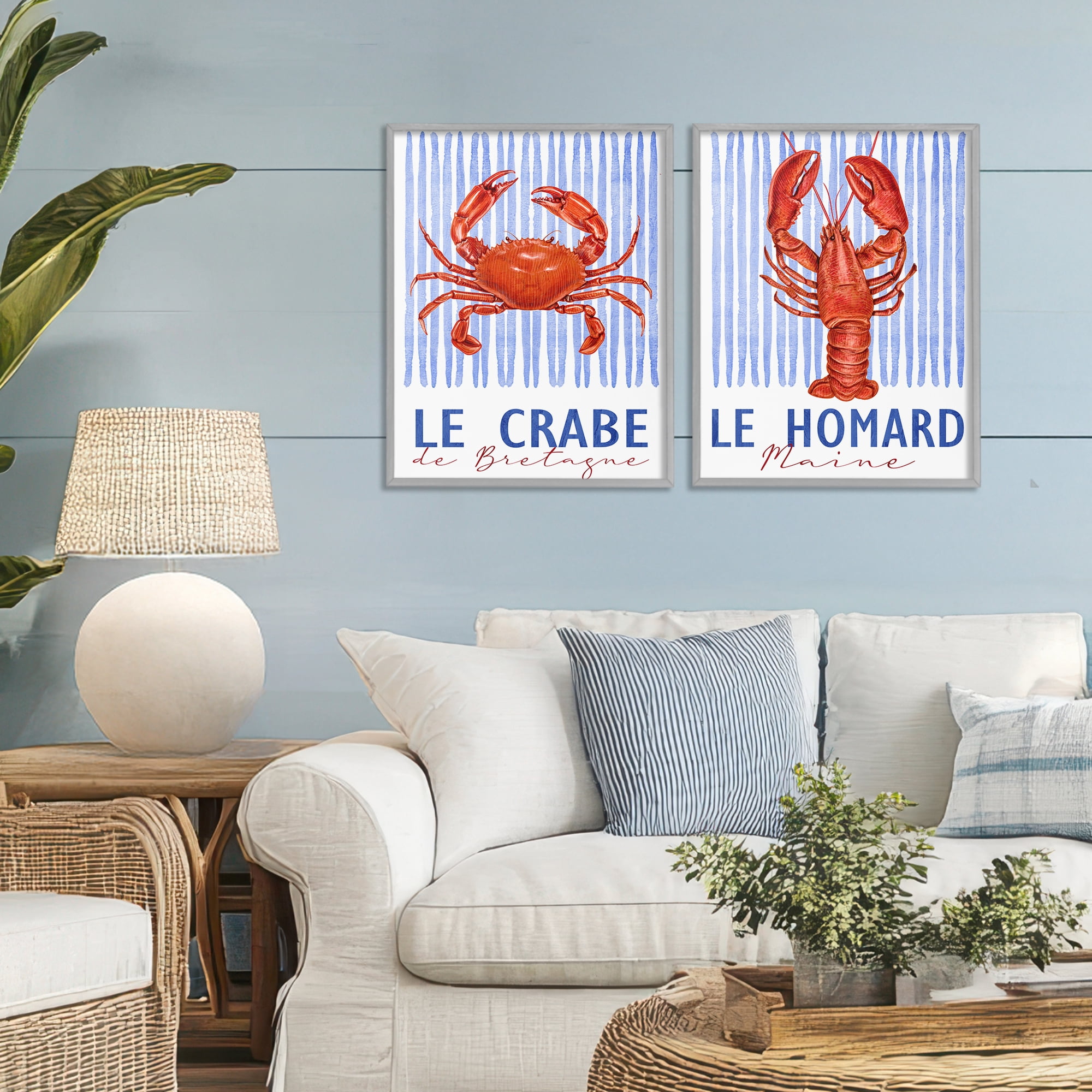 Stupell Industries Nautical Stripes Sea Creatures 2 Piece Gray Framed Giclee Art Set, design by Kim Allen