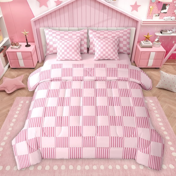 Homewish Cartoon Square Adult Twin Bedding Sets 7-Piece, Stripes Abstract Ombre Bedding Comforter Set, Pink Buffalo Plaid Reversible Sheet Sets, Lightweight Room Decor