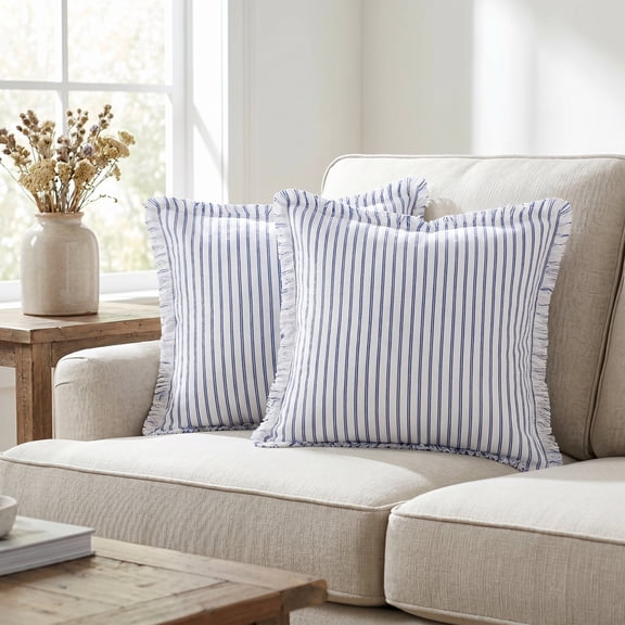 REGALWOVEN 2 Pcs Classical Striped Throw Pillow Cover with Tassels Fringe Boho Decoration Cushion Cases for Home Blue 18" x 18"