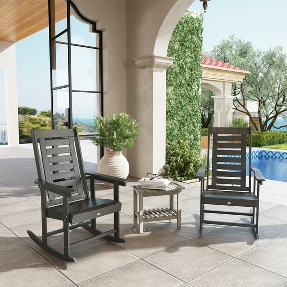 Outsunny Outdoor Rocking Chairs Set of 2, HDPE Patio Rockers with 28" High Back, Wide Armrests and Slatted Seat for Porch Backyard Balcony, Dark Gray