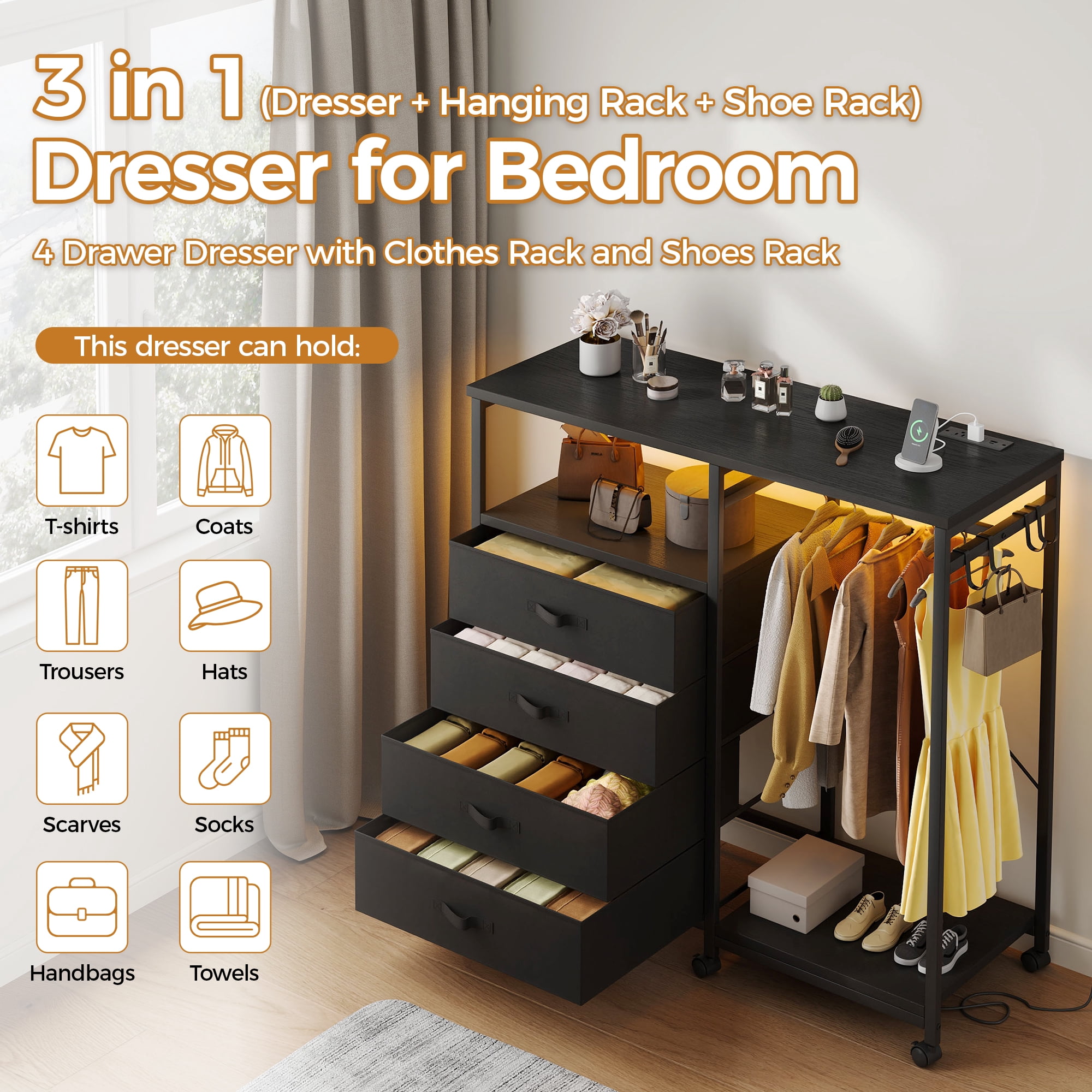 Bedroom Dresser with Hanging Rack, 4 Drawers Dresser with Charging Station and LED Lights, Storage Chest of Drawers with Wheels, Wooden Top, for Closet, Living Room Black