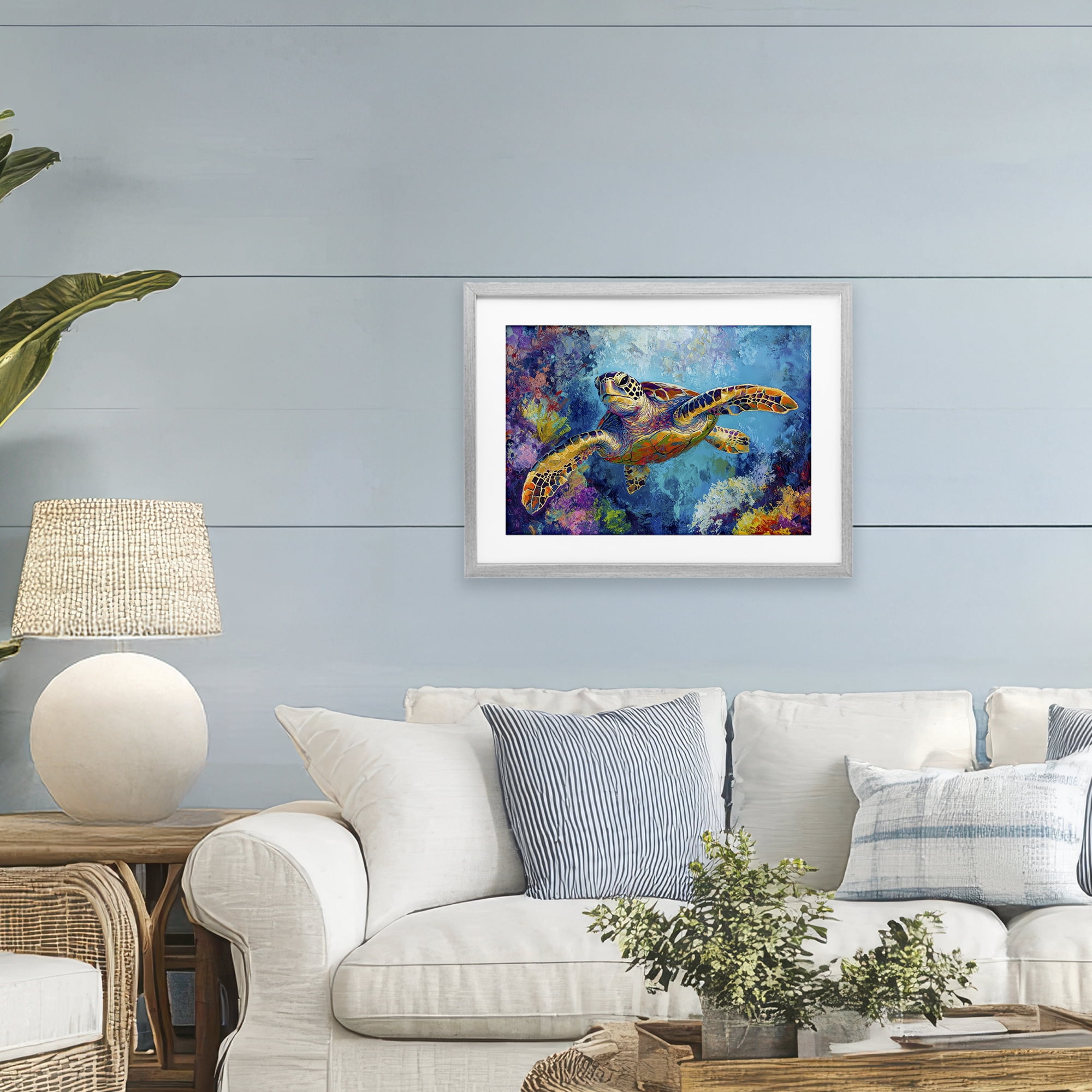 Stupell Industries Colorful Sea Turtle over Coral Gray Framed Print Under Glass, design by Petal Prints Design
