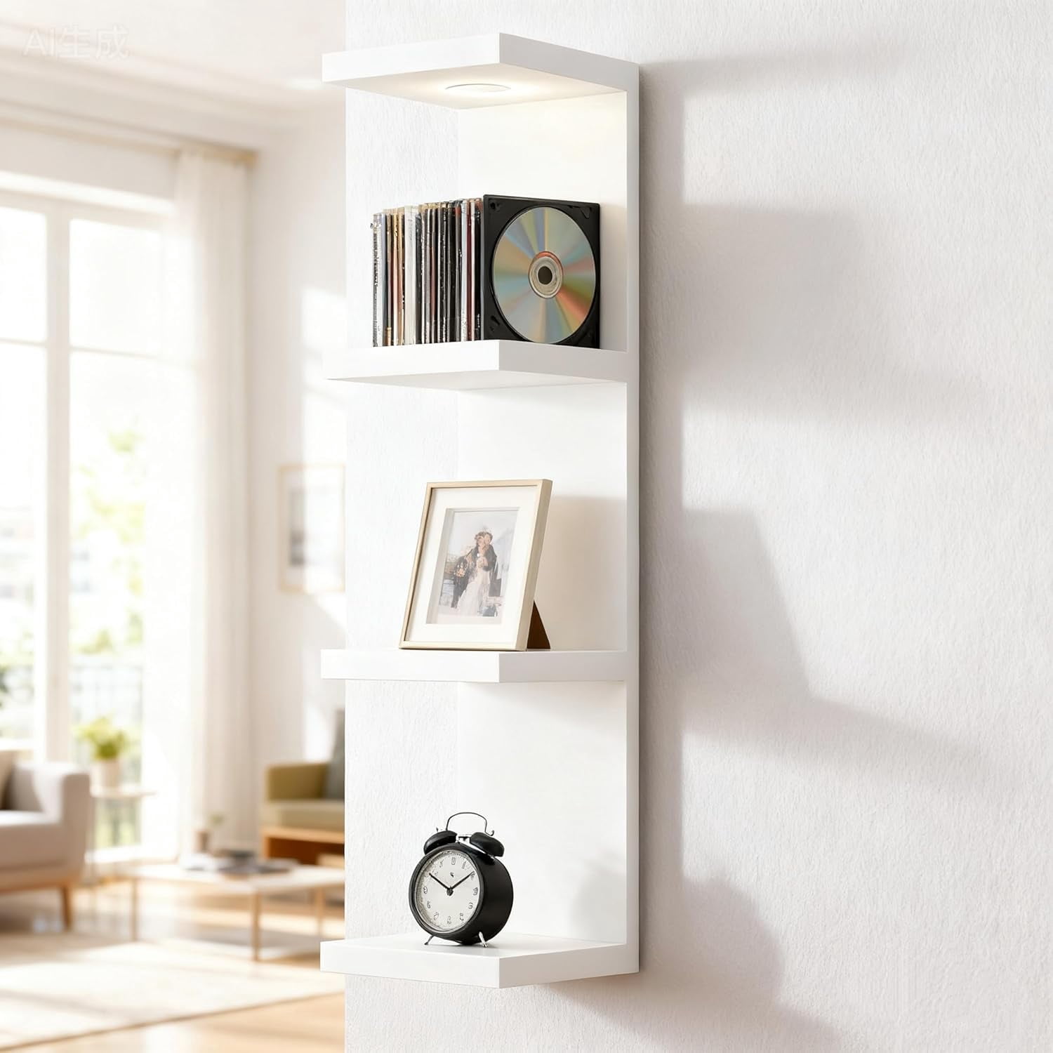 4 Tier Wall Shelf Unit White Floating Shelves with LED Lights, Versatile Organizer for Home Decor Books
