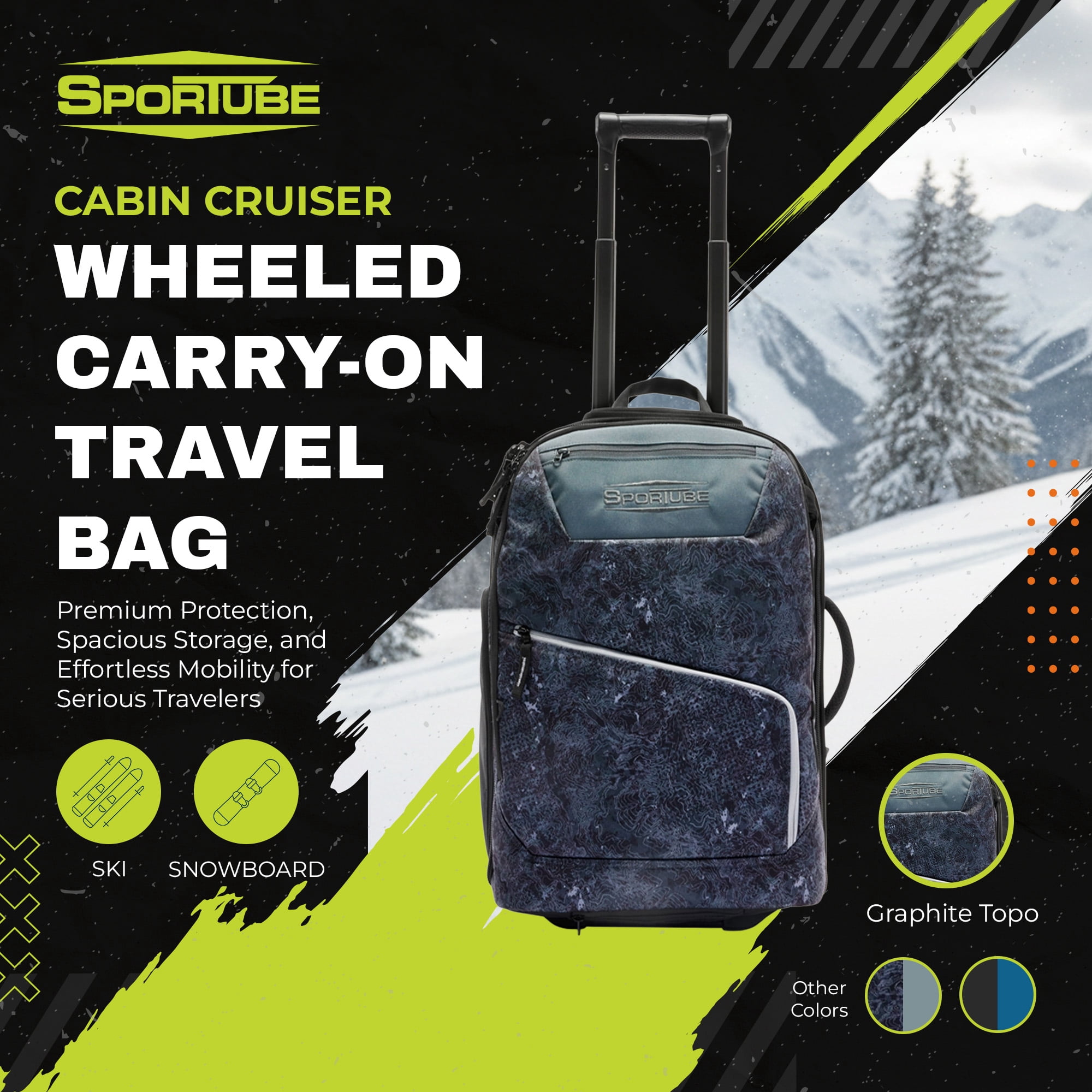 Sportube Cabin Cruiser Wheeled Carry-On Boot Bag, Padded Travel Gear, Graphite Topo