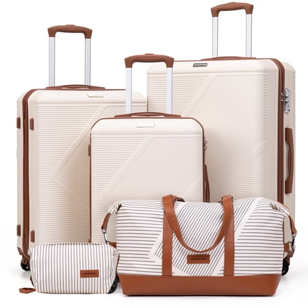 Suitcase Set 5 piece Luggage Set Airline Approved Carry on ABS Hardside Spinner Luggage TSA Lock Lightweight Travel Set White
