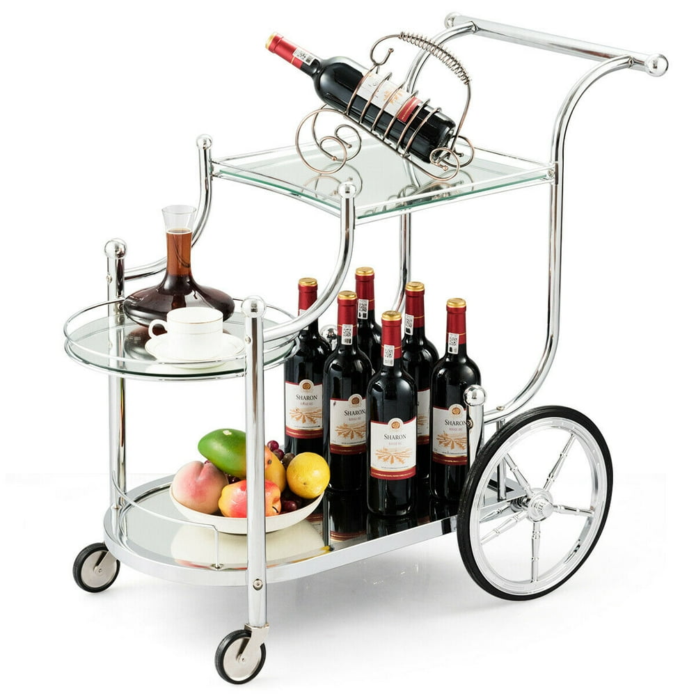 Gymax Serving Cart Kitchen Bar Wine Tea Cart Glass Shelves & Metal