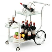 Gymax Serving Cart Kitchen Bar Wine Tea Cart Glass Shelves & Metal Frame with Wheels