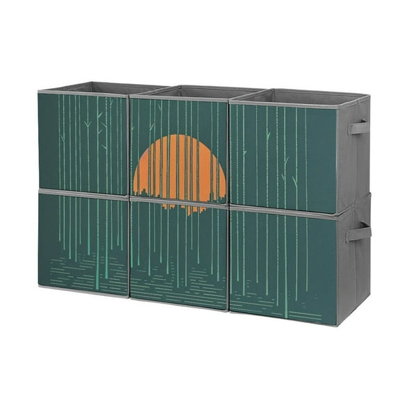 Collapsible Oxford Fabric Storage Cubes with Handles, Large Mid Foldable Oxford Cloth Bins Set of 2/6, Closet Organizers for Shelves Clothes Home Kitchen Toy - Forest Sunset Minimalist