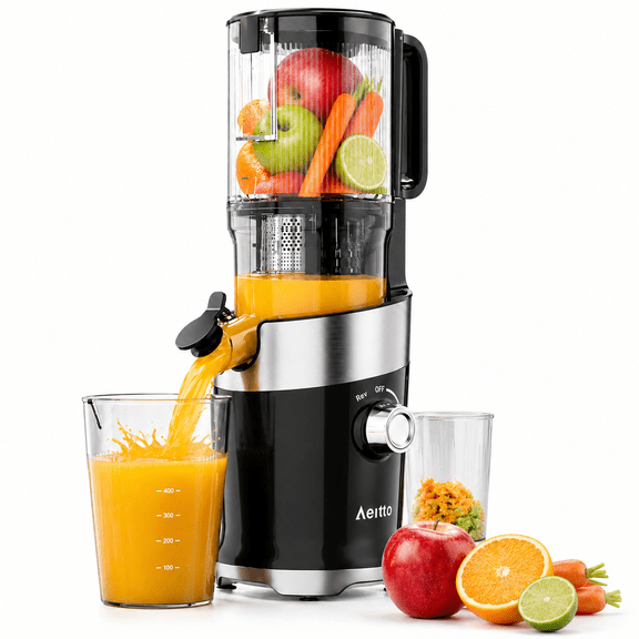 Aeitto Mega4 Masticating Juicer Machines, 4.35' Large Feed Chute, Whole Fruits/Vegetables, High Juice Yield