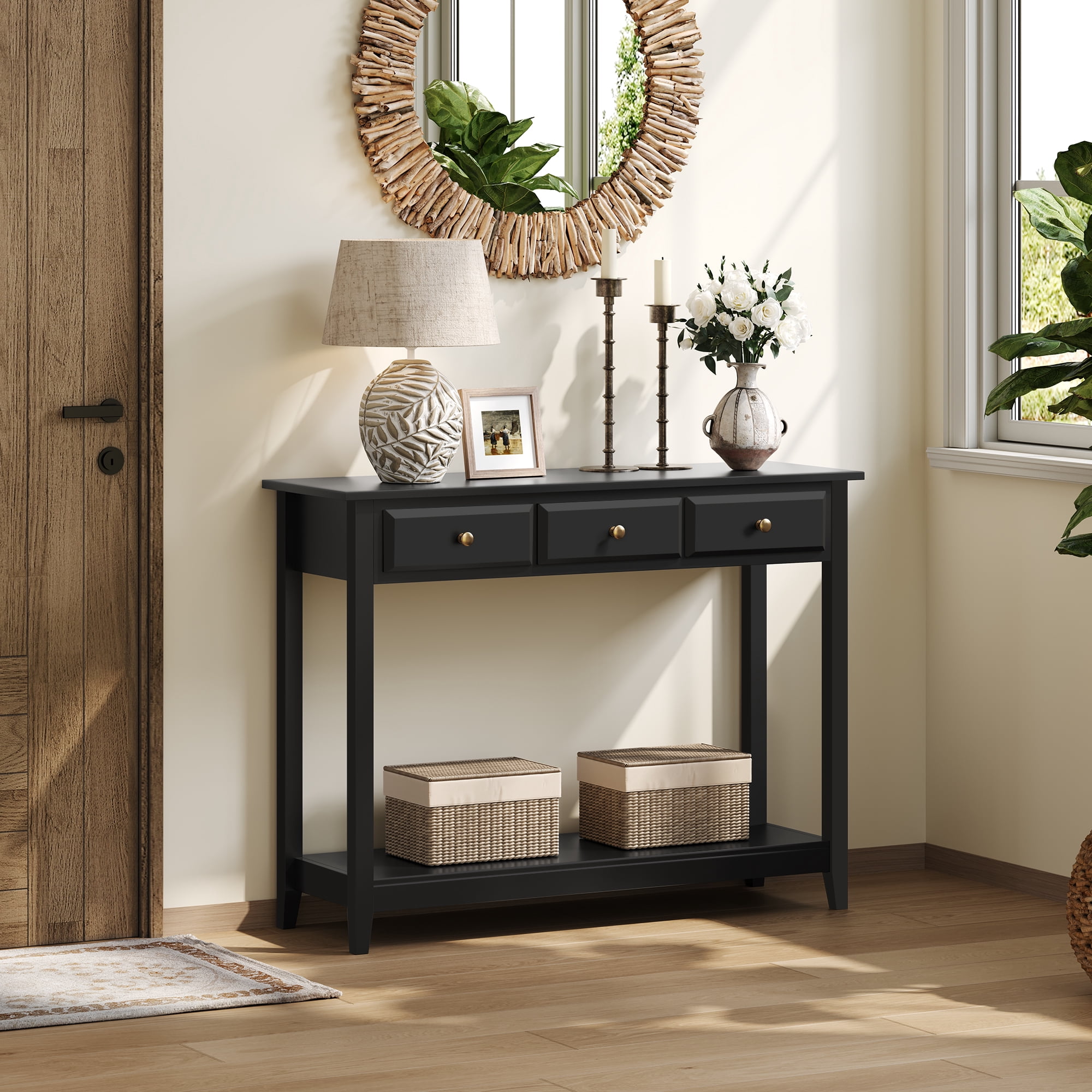 Alden Design 3-Drawer Wooden Console Table with Storage Shelf for Entryway, Black
