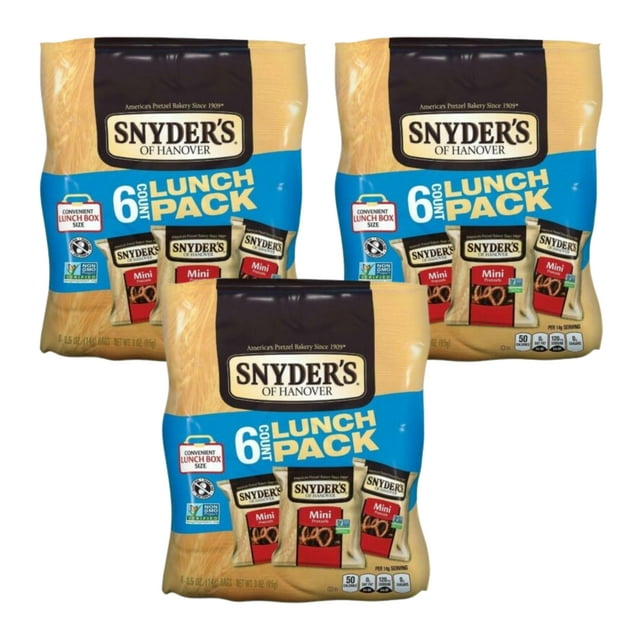 Snyder's of Hanover Pretzels, Mini Pretzels 6 Count Lunch Pack, Non-GMO, and Nut Free Single Serve Snacks with Crunchy Sweet Taste for Kids Lunchbox Home Snacking Travel Outdoor Snack Pack of 3