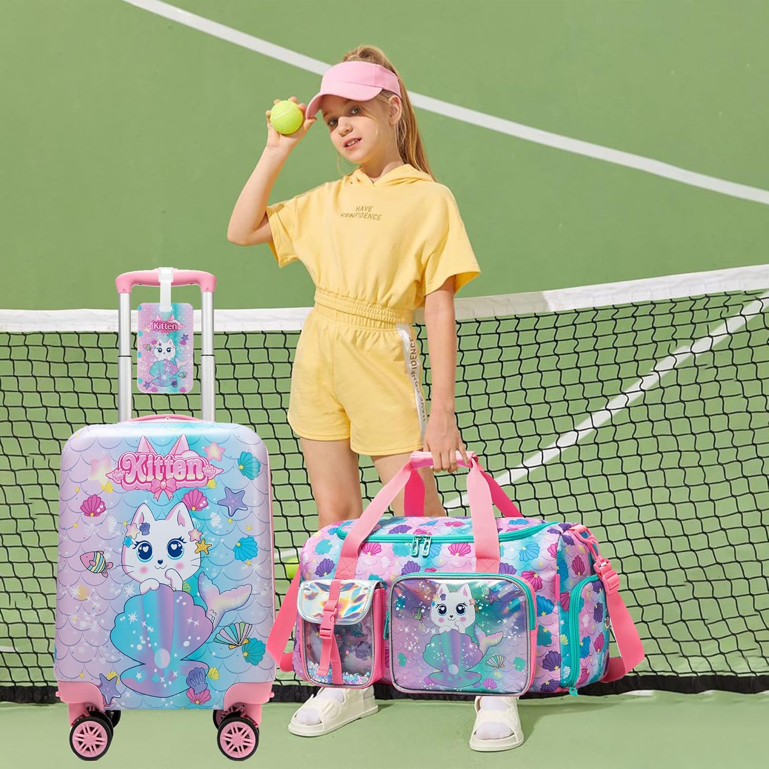 Kids Carry on Luggage Sets Rolling Suitcases for Girls with Wheels Hardshell Pink Suitcase with Duffle Bag for Travel Neck Pillow Airplane
