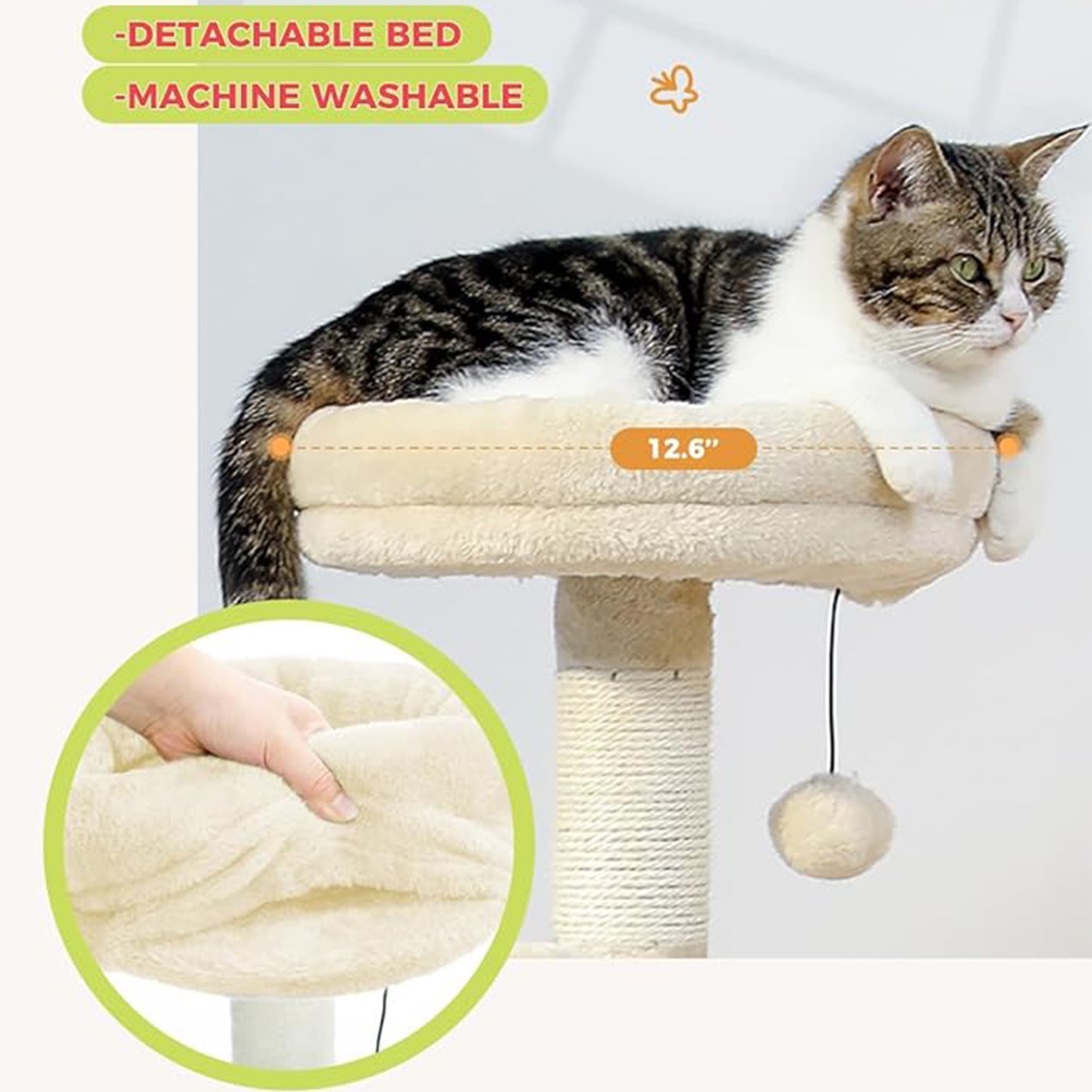 Kadyn 32" Cat Tree Indoor with Self Groomer Brush, Sisal Scratching Post, Dangling Ball, Wood Cat Condo Tower for Small, Medium Cats, Beige