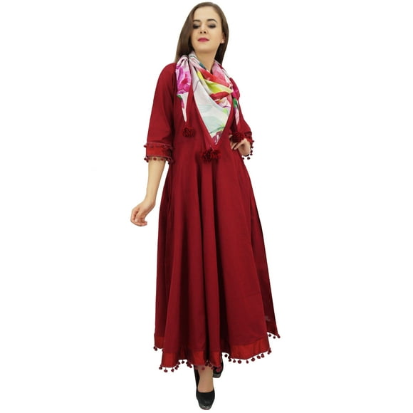 Bimba Flared Maroon Cotton Pom-Poms Kurta Classic Anarkali Dress With Scarf - 6