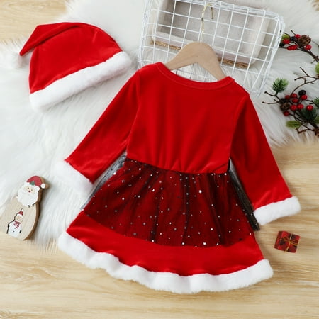 

dmqupv Thanksgiving Dresses Toddler Girls Long Sleeve Christmas Fleece Tulle Princess Dress Hat Set Flower Girl Gown Dress Red 12-18 Months