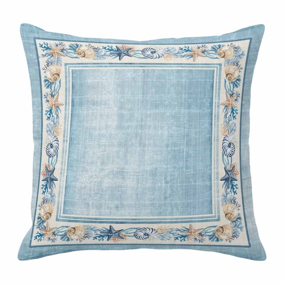 Throw Pillow Covers, Teal Blue Coastal Decorative Throw Pillow Covers 18x18 Inch, Vintage Summer Beach Coral Shell Starfish Square Linen Pillow Cases for Couch/Living Room/Sofa