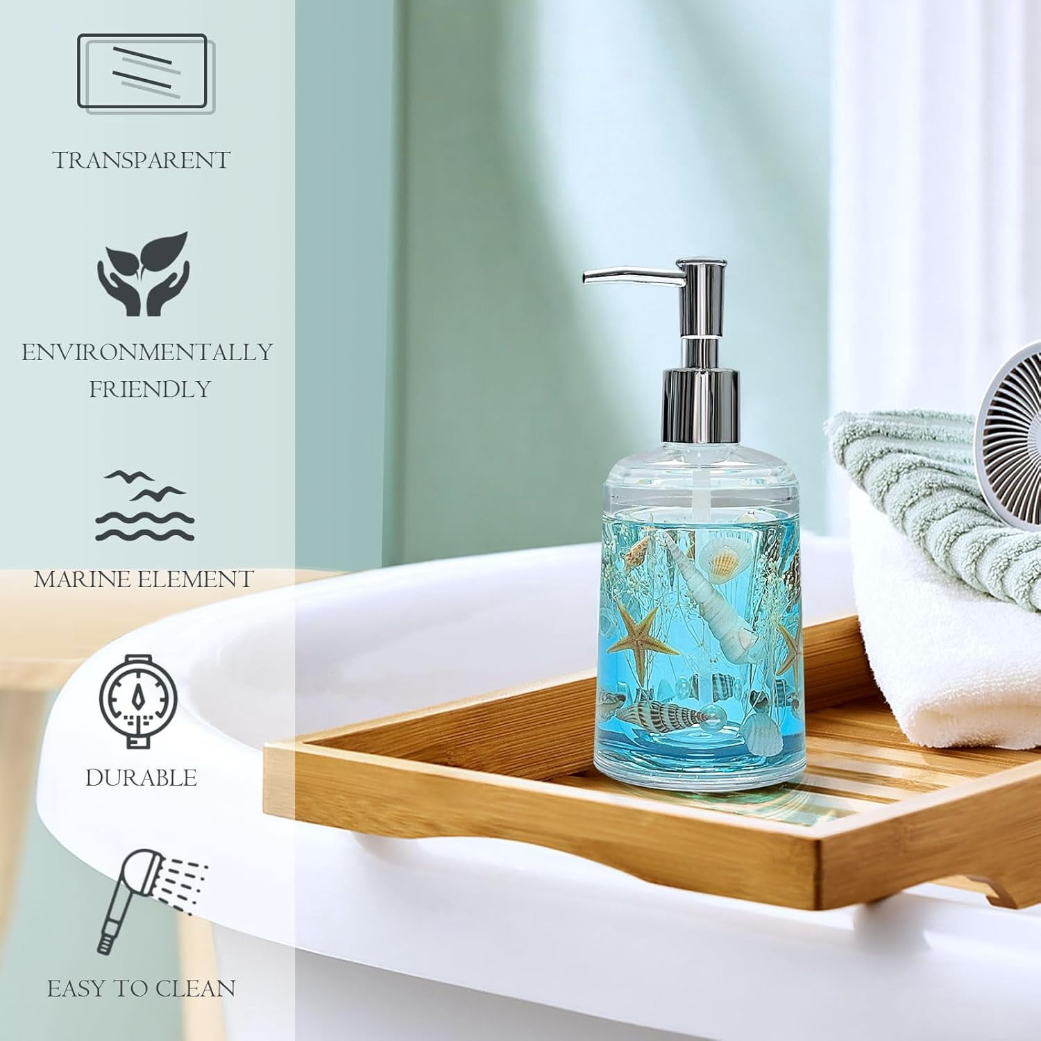 FONMY Refillable Countertop 18oz Soap Dispenser with Pump Acrylic w/ Seashell for Bathroom/Kitchen (Ocean Blue)