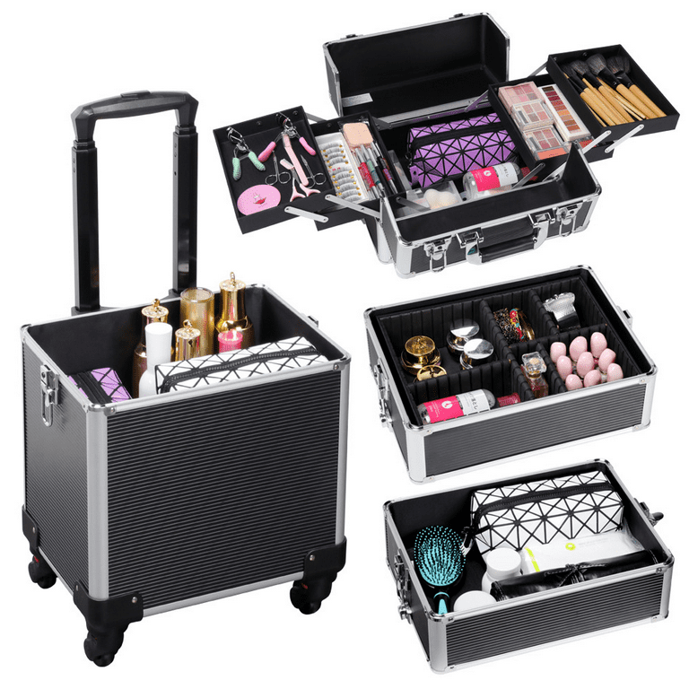 6-in-1 Four Wheels Professional Rolling Makeup Cosmetic Case with Easy  Slide Trays and Removable Tray by VER Beauty - JMT001