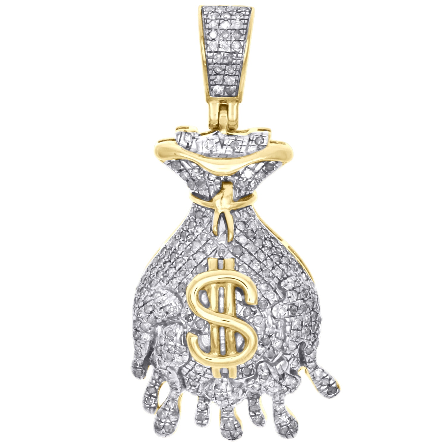 10K Yellow Gold Mens Real Diamond Money Bag Drip Pendant 1.5