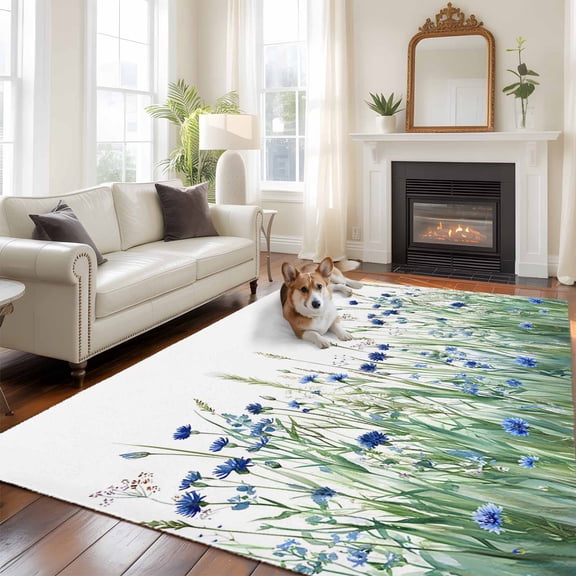 5'x8' Area Rugs, Navy Blue Wildflowers Indoor Outdoor Area Rug for Living Room Bedroom, Spring Pastoral Botanical Floral Washable Bathroom Rugs Kitchen Floor Carpet Mats Home Decor Aesthetic