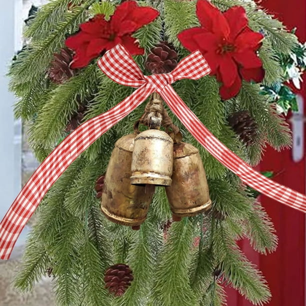 Set Of 3 Christmas Brass Cow Shabby Style Metal Hanging Giant Cow Bells Decor