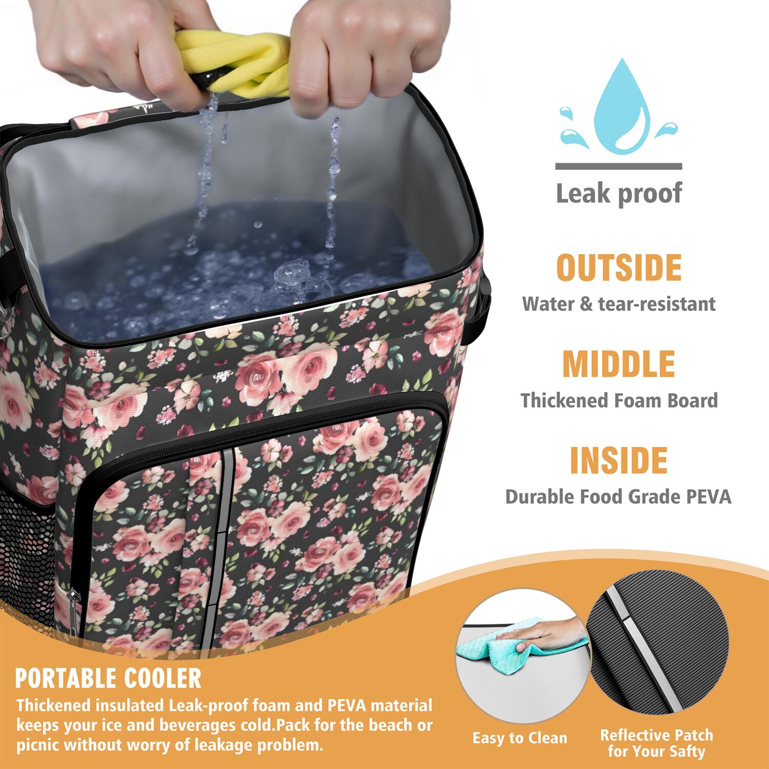 Travel Cooler Bag - Pioneer Flower Floral Print Pattern Camping Beer Cooler Backpack with Bottle Opener- Waterproof Insulated Picnic Backpacks - Cooler Bag for Beach