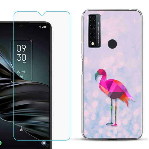 Slim-Fit Fashion Phone Case for TCL 20 XE, with Tempered Glass Screen Protector, by OneToughShield ® - Flamingo / Polygon