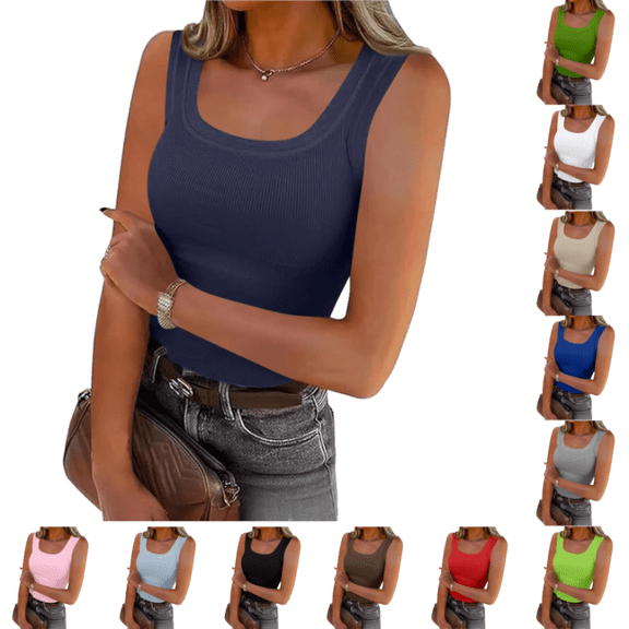 OIOLOYJM Summer Womens Tank Tops Square Neck Fitted Sleeveless Shirts Ribbed Textured Basic Gym Athletic Top Navy XL