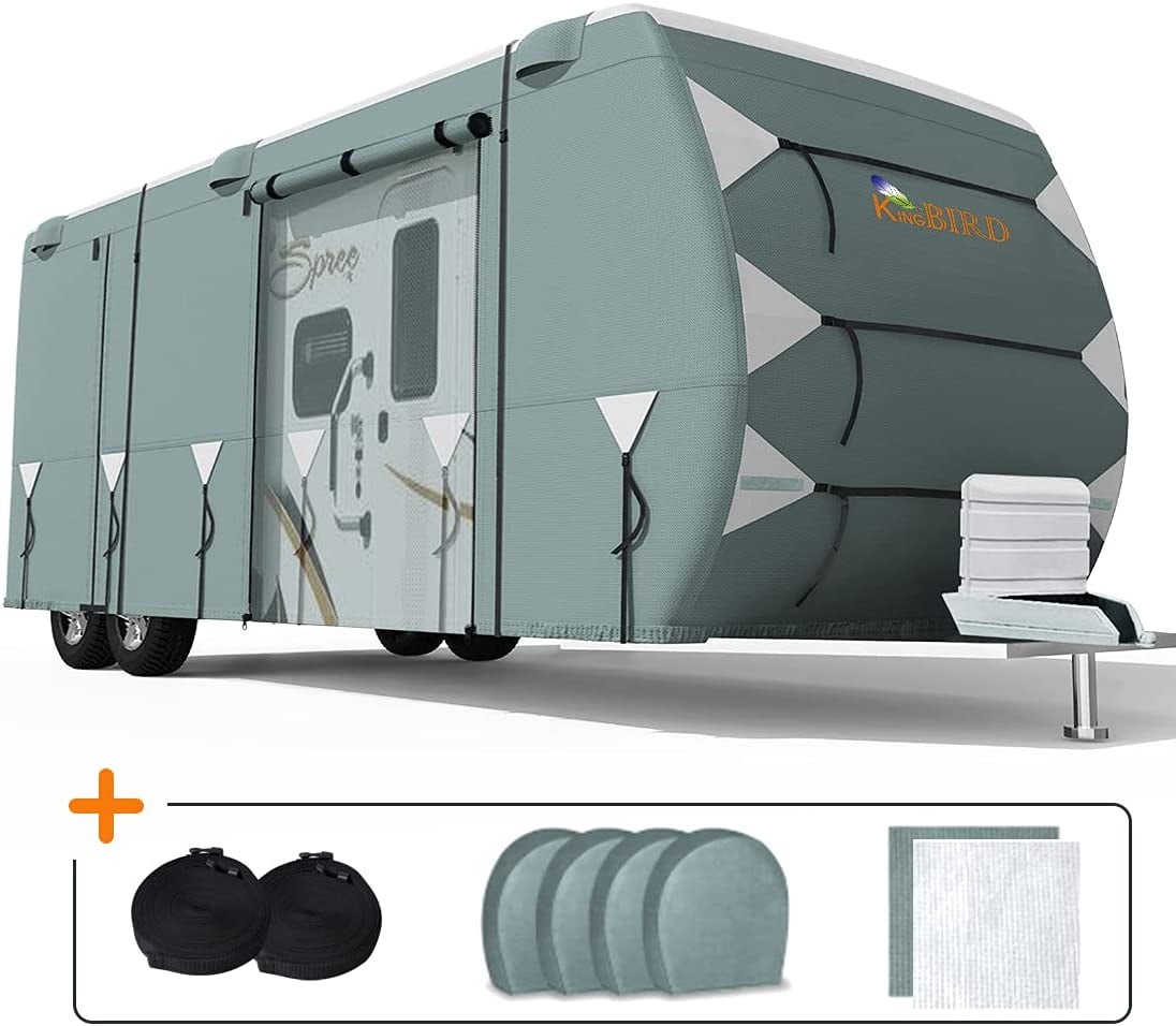 Today Rv Cover Rv Cover,Travel Trailer Cover,Upgraded Camper Cover,Breathable,Waterproof,Tear-Resistant,with 4 Tire Covers and Tongue Jack Covers,2 Windproof Belts 37'1-40' 
