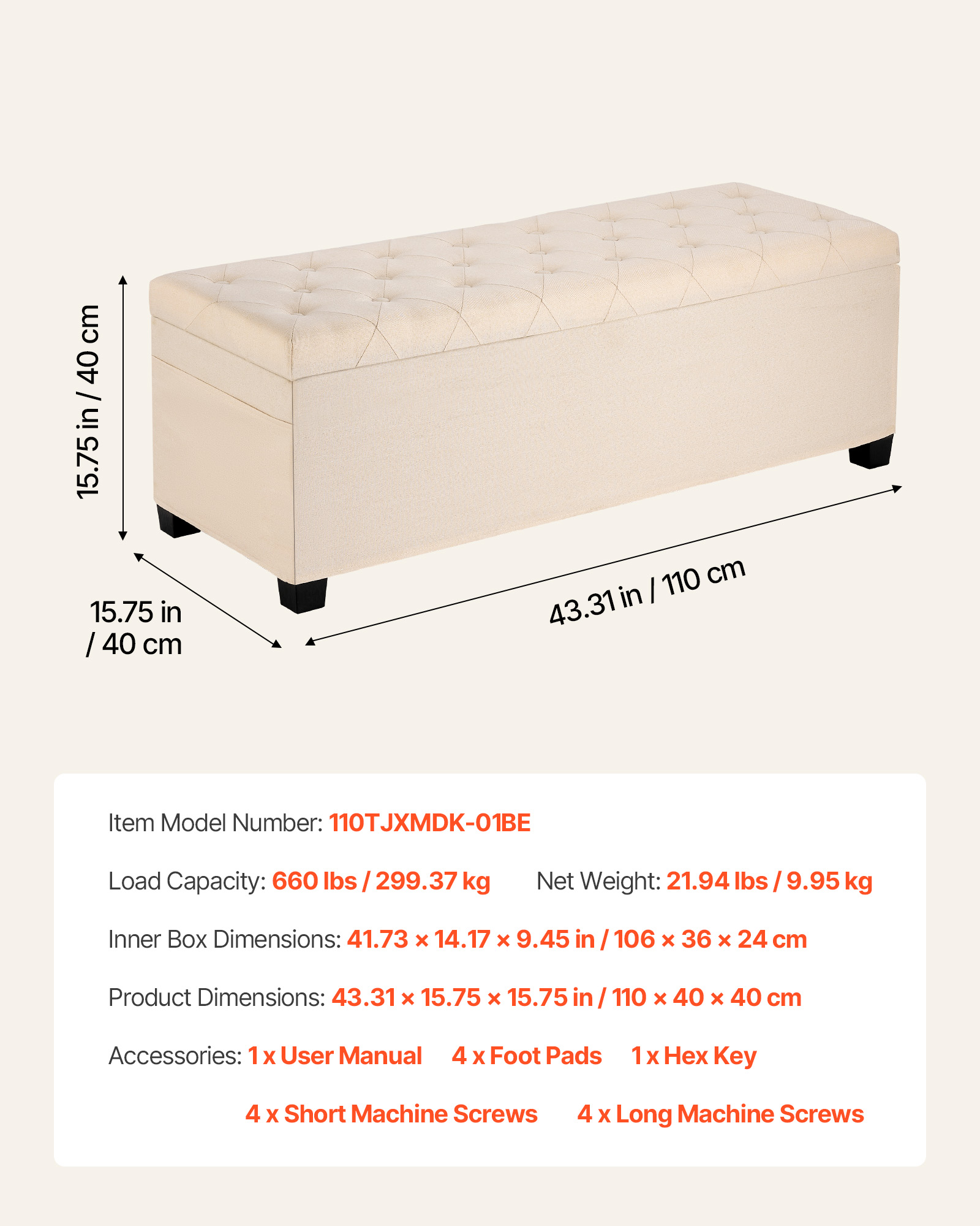 VEVOR Storage Ottoman Bench, Button-Tufted End of Bed Bench with Side Bags, Flip-up Upholstered Storage Chest with Metal Frame, Linen Bed Ottoman for Living Room, Bedroom, Entryway, Office, Beige