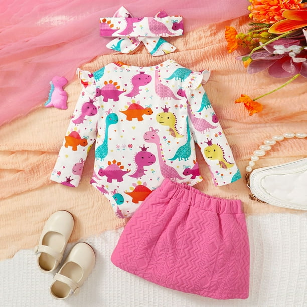Gibobby conjunto para bebe nina conjunto de ropa de piezas con estampado de dinosaurio de animados de manga larga para ninas pequenas Rosa caliente