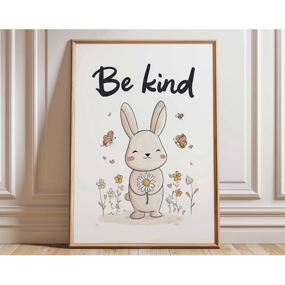 Be Kind Bunny Cute Animal Inspirational With Flowers Wall Art Print, Unframed Paper Poster 8x10in