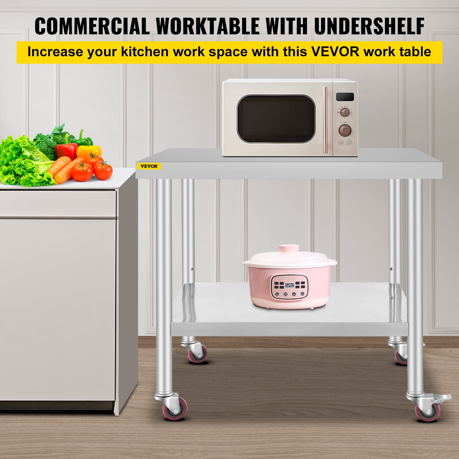 VEVOR Stainless Steel Work Table / Commercial Prep Table 30×36×34 inch;Stainless Steel;3‑Stage Adjustable Shelf;4 Wheels 2 with Brake;220 lb Capacity