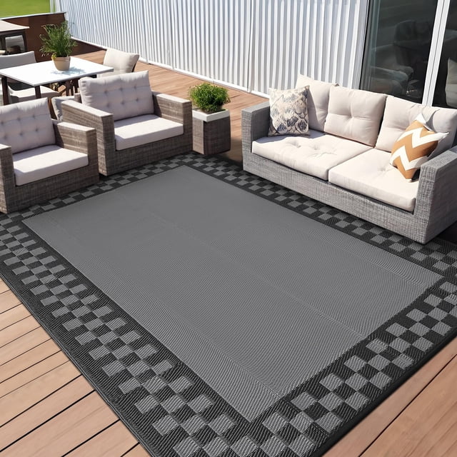 Outdoor Rug – Waterproof Reversible Modern Geometric – Plastic Straw, Weather Resistant – Portable Camping Mat – Garden, Backyard & Balcony