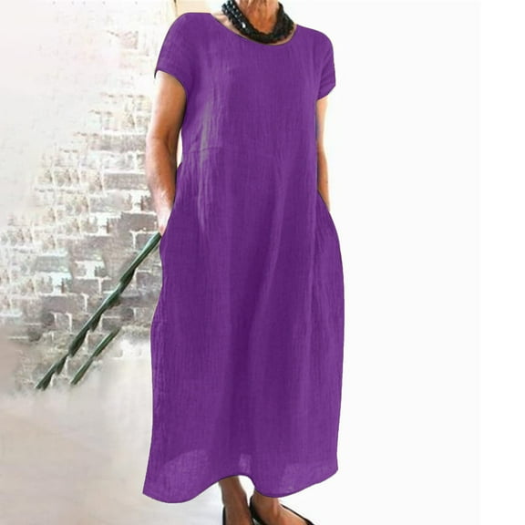 Womens Cotton Linen Short Sleeve Dress Solid Color Boat Neck Maxi Dress with Pockets Winter Baggy Lounge Dresses