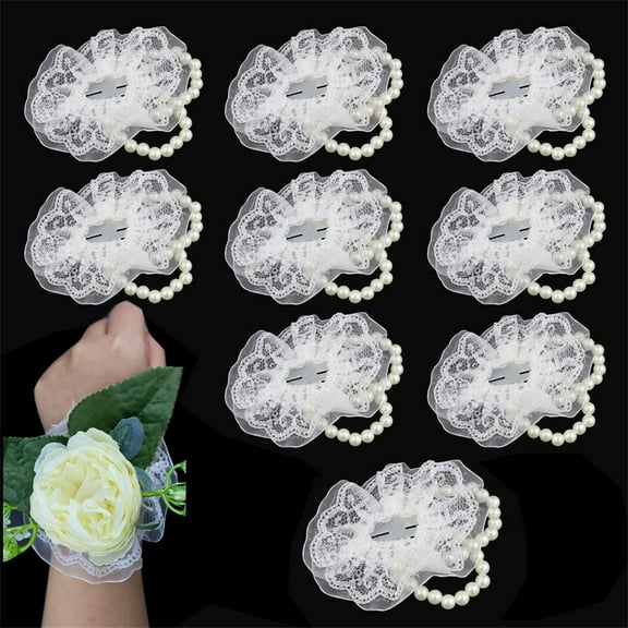 Happon 10 Pieces Wedding Elastic Pearl Wrist Corsage Bands, DIY Flower Hand Stretch Bracelet,Handmade Wrist Corsages Accessories for Wedding Prom Bride,Beach Party Supplies (White Lace)