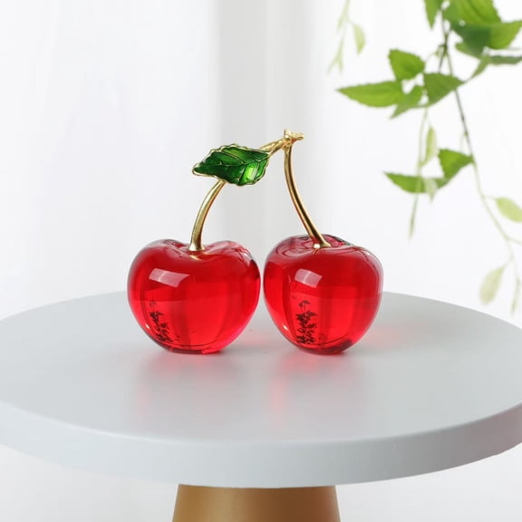 Crystal Cherry Figurine Crystal Fruit Collectible Sculpture Artificial Fruit Statue Paperweight Tabletop Centerpiece for Home Office Christmas Decor