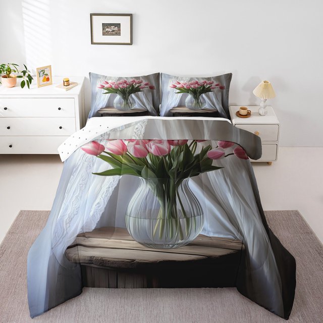 Erosebridal Botanical Tulip Bedding King Comforter Set,Rustic Flower Bedding Sets King with Comforter,Nature Bloom Decor,Reversible,Super Cozy,3 Pieces
