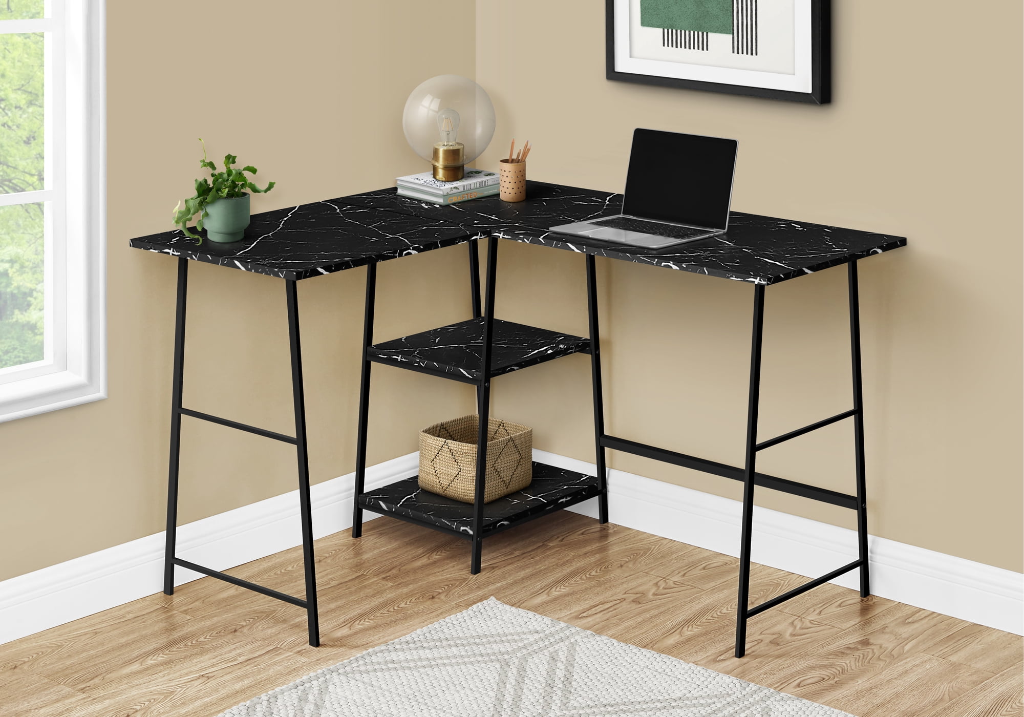 48 Inch Black Marble L Shaped Computer Desk with Industrial Metal Shelves
