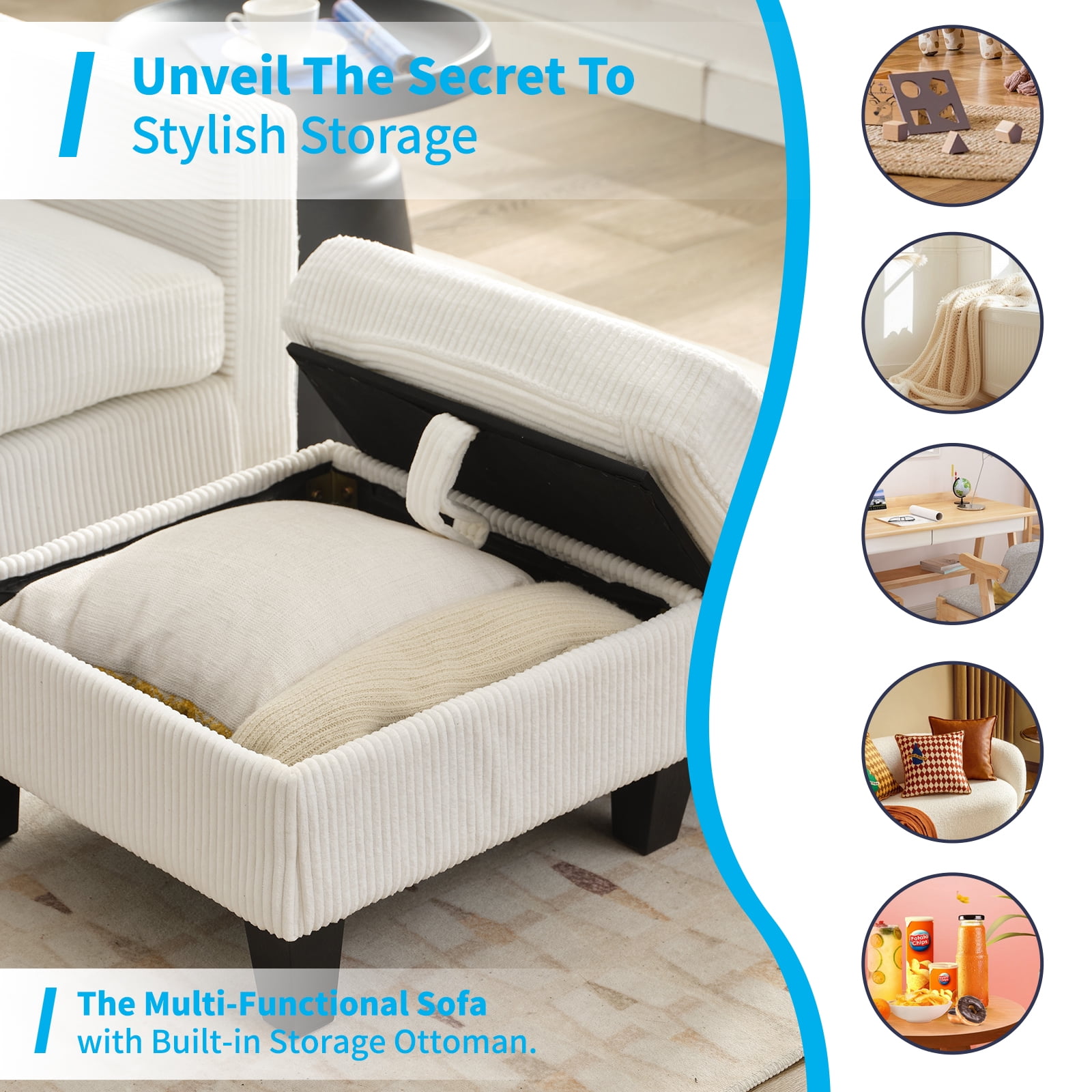 BALUS Sectional Sofa with Storage Ottomans, Small L-Shaped Sofa and Corduroy Couch for Living Room, Beige