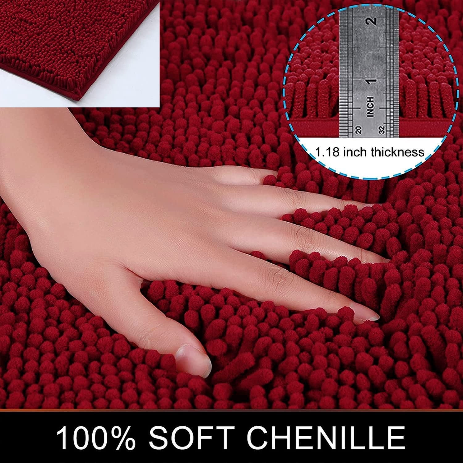 Chenille Bathroom Rugs, Extra Soft and Absorbent Shaggy Bath Mat Rugs, Washable Non Slip Shower Mat Carpet for Bathroom Floor, Tub and Shower, 24"x47", Burgundy