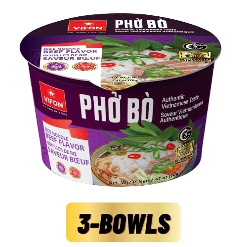VIFON Vietnamese Beef Flavor Rice Noodle Soup (Pho Bo) Paper Bowl, 3 Bowls - 2.47 oz Each