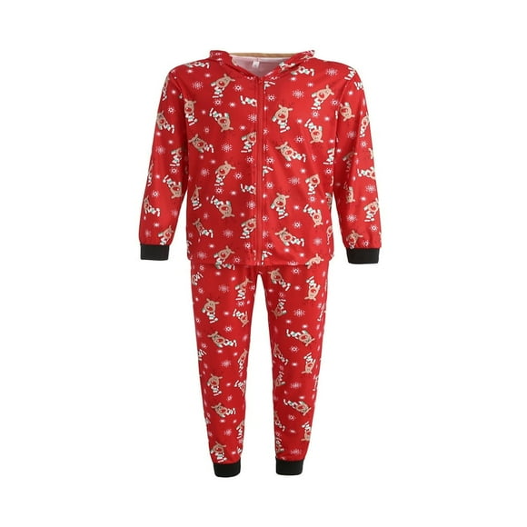Family Matching Christmas Parent-child Elk Snowflake Printing Long Sleeve Zipper Hooded Tops + Pants Sleepwear Outfit for Mother/Father/Kid