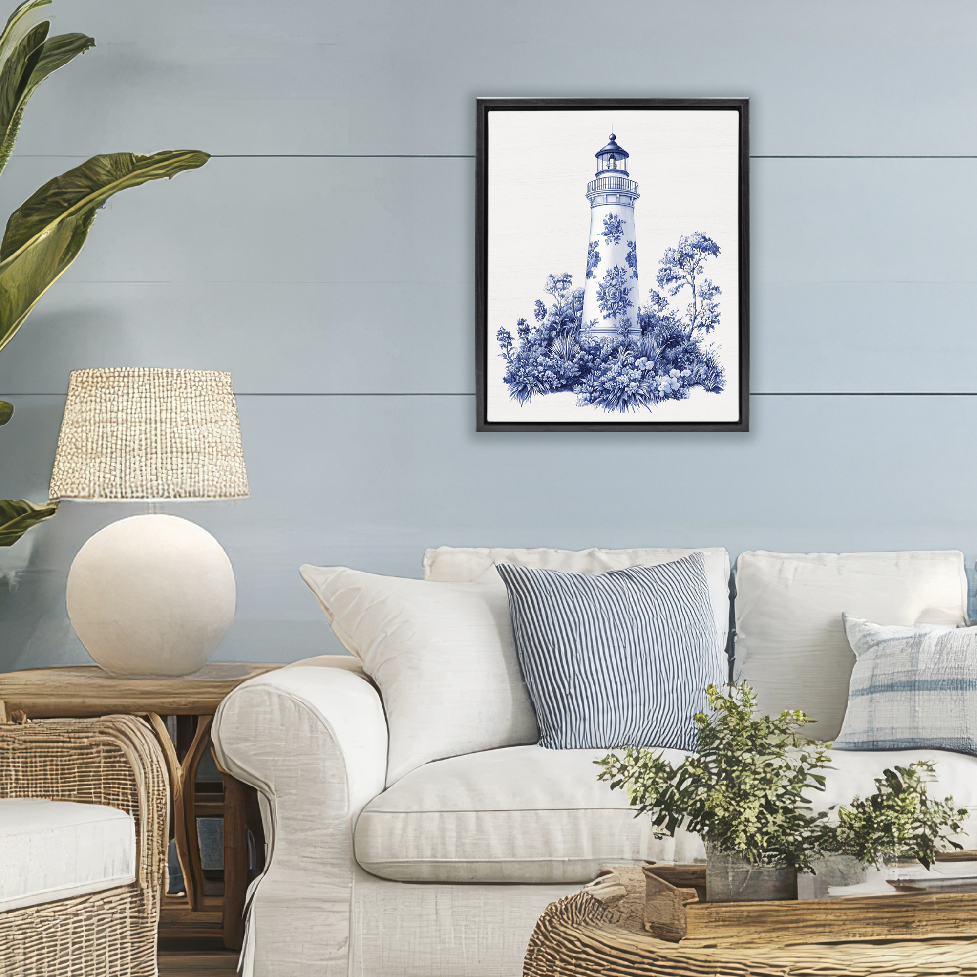 Toile Patterned Lighthouse Black Framed Floater Canvas Wall Art, design by Lettered and Lined