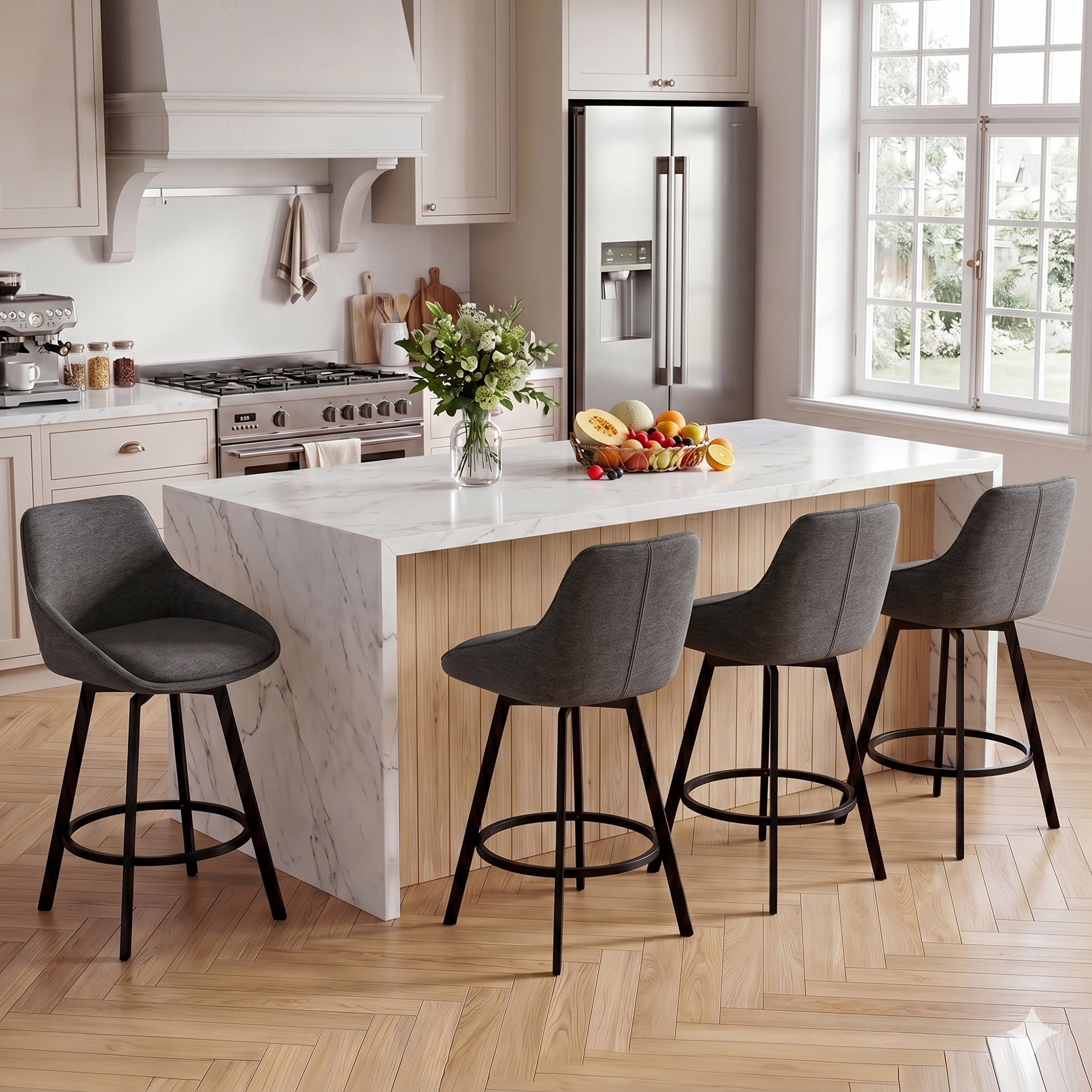 Zesthouse 25.6" Swivel Counter Height Bar Stools Set of 2, Modern Counter Height Chairs with Backs and Metal Legs, Upholstered Linen Barstools for Kitchen Island, Dark Gray