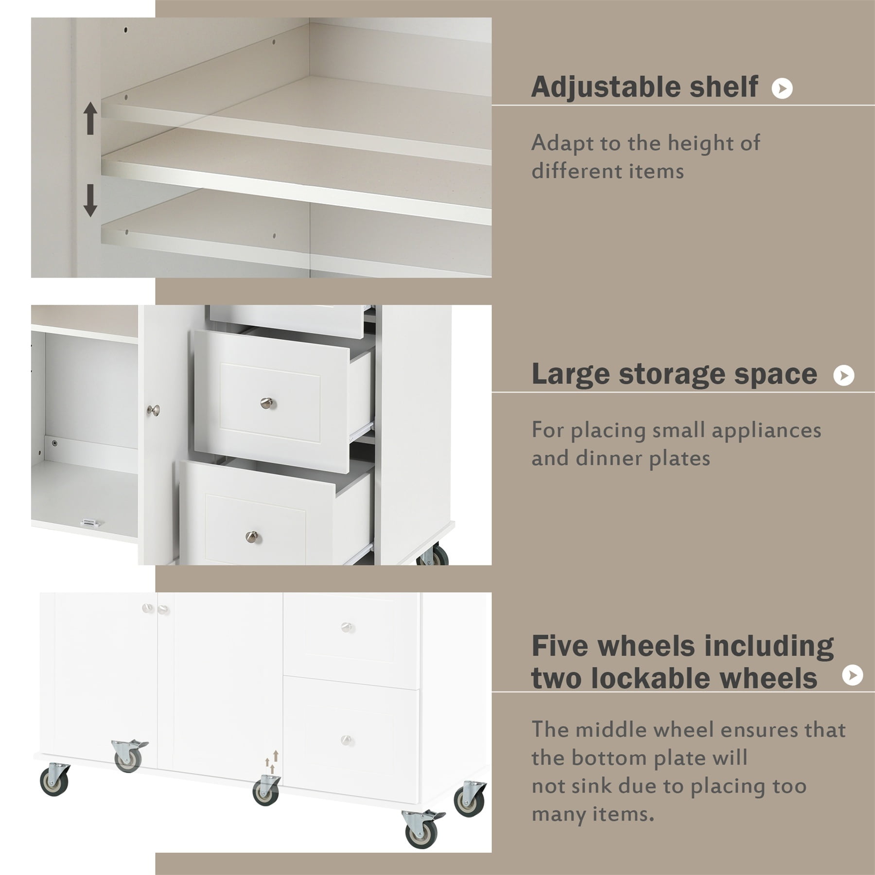 Alvantor 53'' Kitchen Island Carts, Mobile Buffet Cabinet with Drop Leaf, Spice Rack and Towel Rack for Dining Room Living Room White