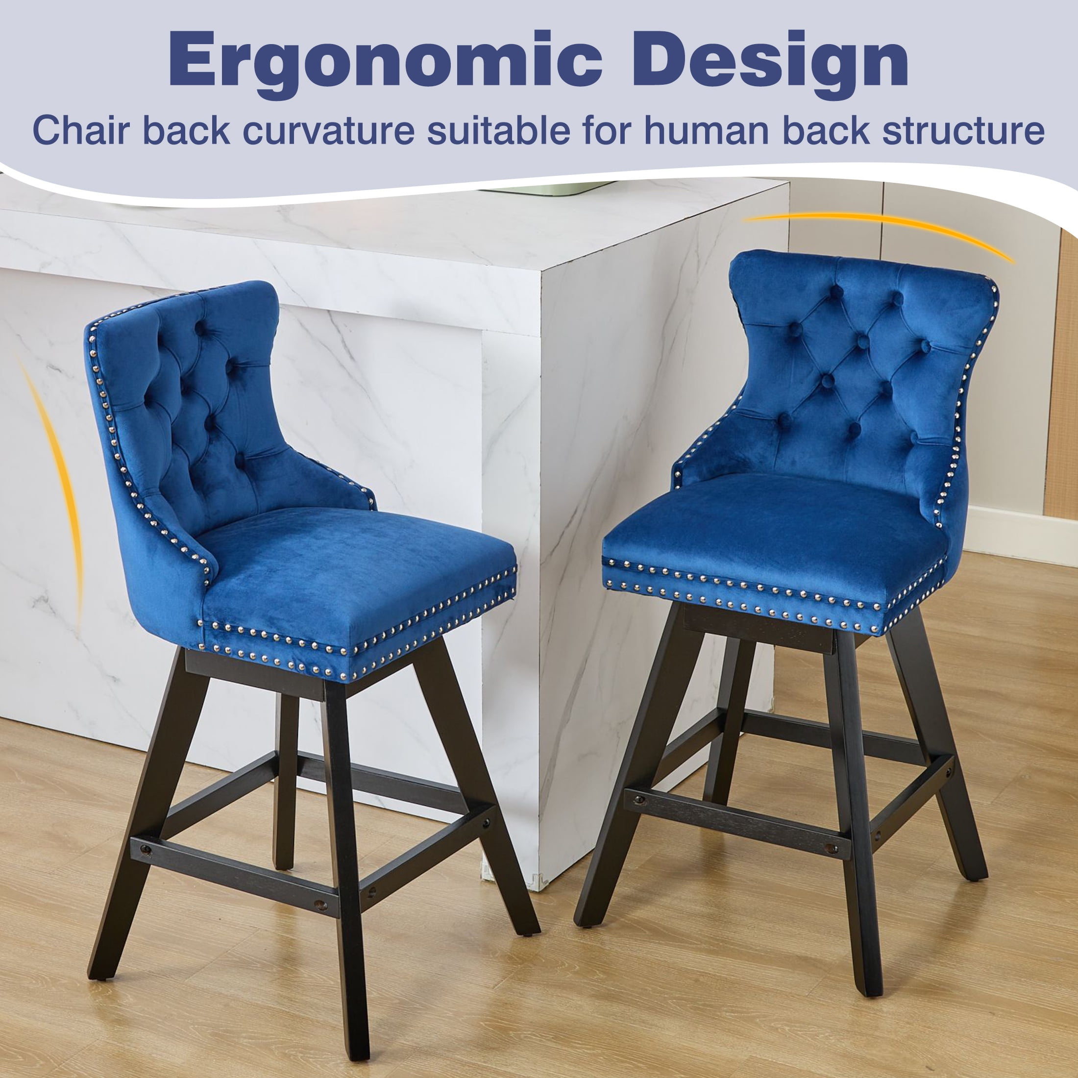 Swivel Bar Stools Set of 2, Velvet Counter Height Bar Stools with Back, Swivel Dining Chair with Button Tufted and Wooden Legs, Kitchen Chair Counter Stools for Kitchen Island Kitchen Counter, Blue