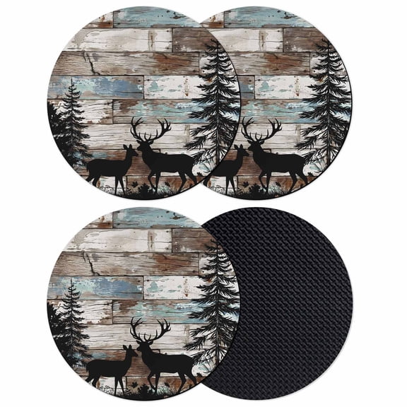 Teal Brown Deer Silhouettes Coasters Set of 4, Absorbent Coasters for Drinks, Trees Wooden Retro Art Farmhouse Coaster for Desk Coffee Table Protection, Home Decor House Warming Gifts 4"