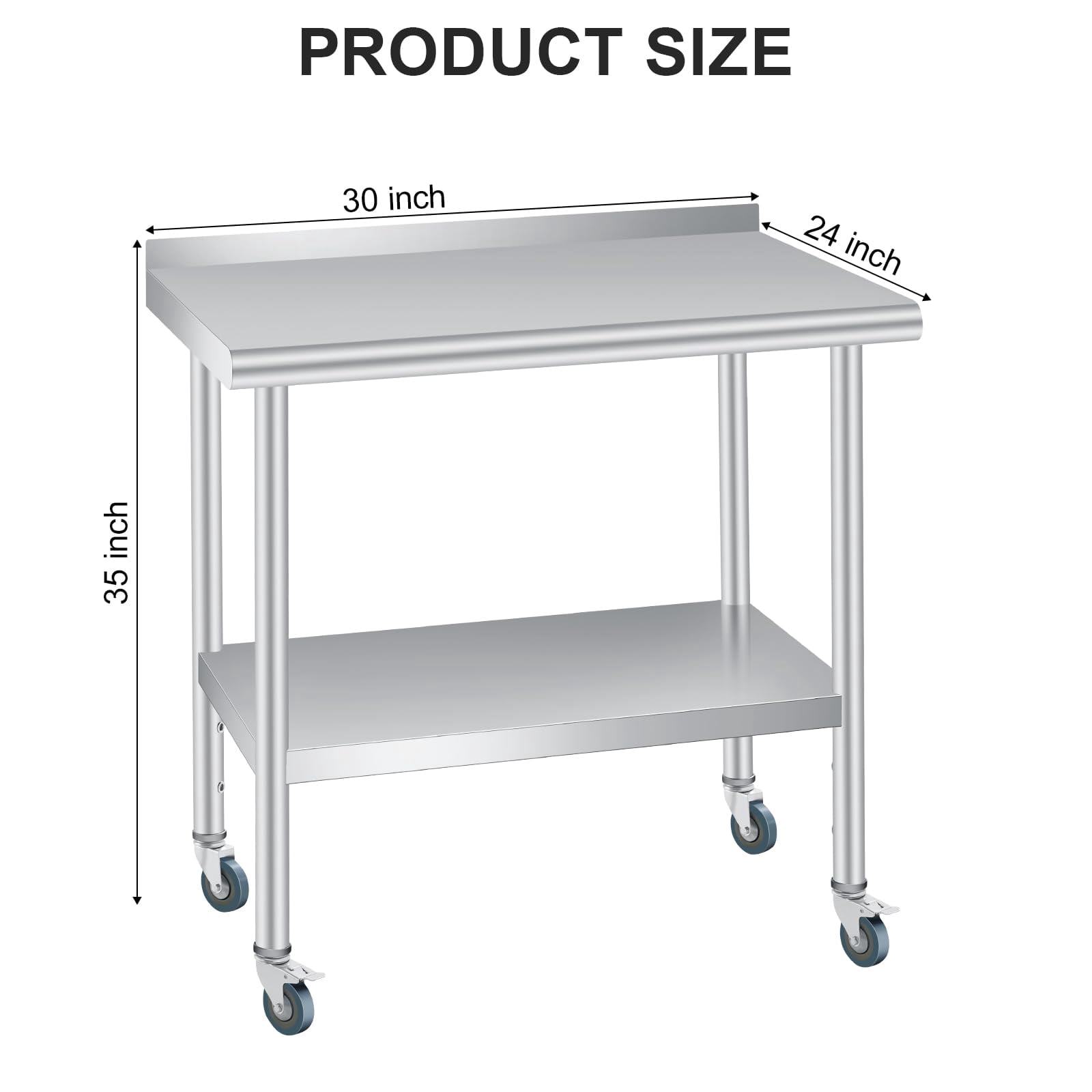 Stainless Steel Table for Prep & Work, 30x24 Inches Heavy Duty Commercial Table with Adjustable Undershelf and Backsplash, Prep Table with Caster Wheels for Restaurant Kitchen Home and Hotel